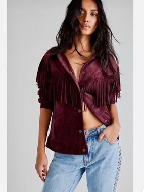Free People Plum Fringe Vegan Suede Jacket